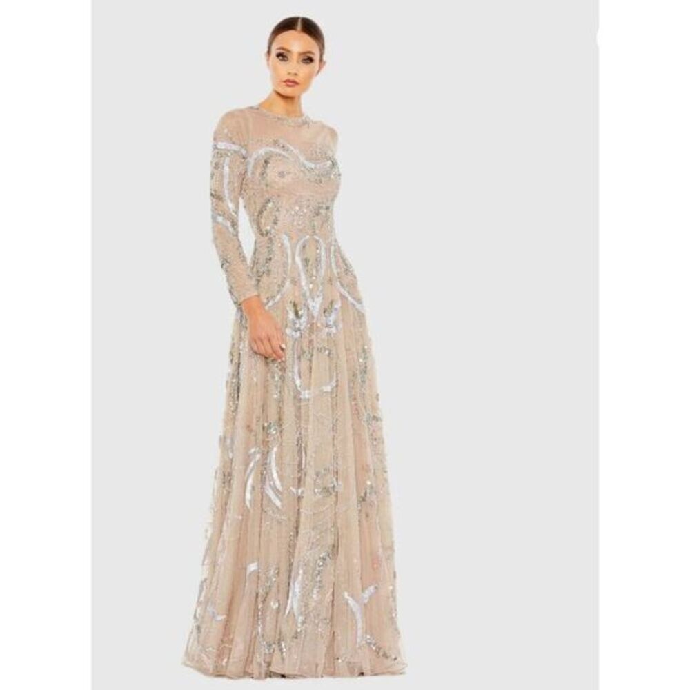 Mac Duggal Womens Sequined Embellished Illusion Evening Gown Beige Size 16